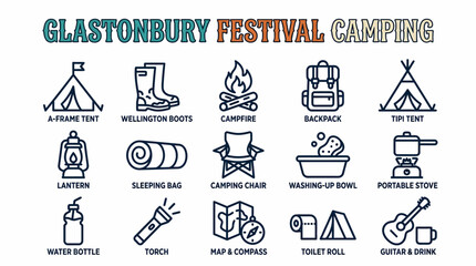 Fototapeta premium Glastonbury Festival Camping Icons: Tent, Boots, Campfire, Backpack