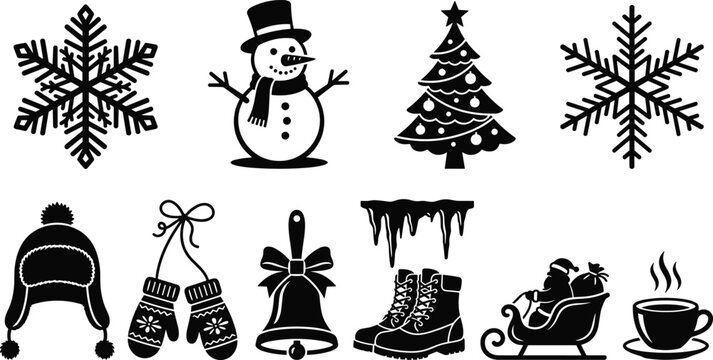 Snowflake silhouette, snowman icon, Christmas tree, winter hat, mittens vector, holiday bell, icicles, winter boots, Santa sleigh, hot beverage cup
