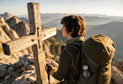 Young woman hiker with backpack standing by a wooden summit cross on a mountain peak at sunset, outdoor adventure and achievement for travel and mountain trekking lifestyle