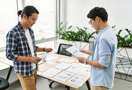 Two Asian businessmen reviewing financial charts and reports in a bright modern office, collaboration and data analysis for startup project and business strategy
