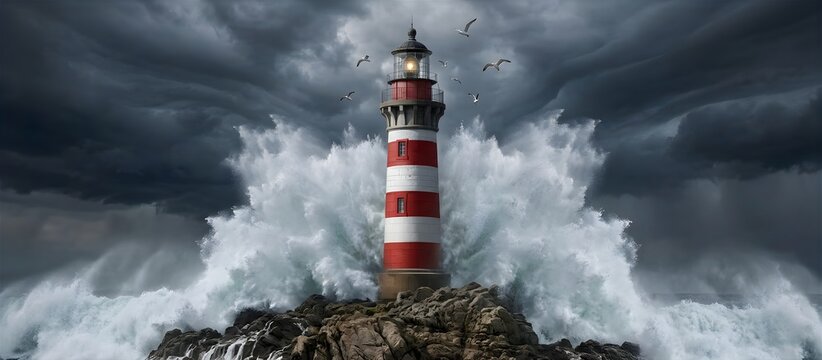 Leuchtturm wird von gro&szlig;en Brecherwellen eines Sturms getroffen. W&auml;hrend M&ouml;wen um ihn kreisen.