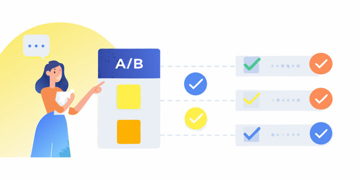 Woman examining a b testing results with positive feedback indicators