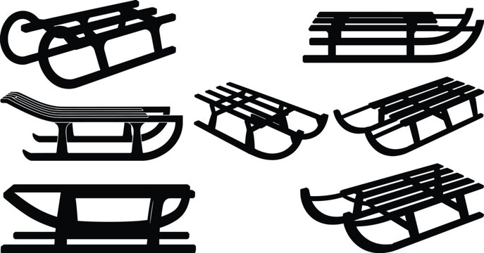 Traditional sled silhouettes, winter sports equipment, vintage sled designs, snow transportation, wooden sled runners, outdoor recreation, alpine sledding, cold season gear