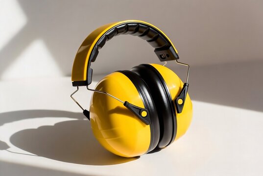 A pair of yellow safety earmuffs rests on a white surface, suggesting protection from loud noise.