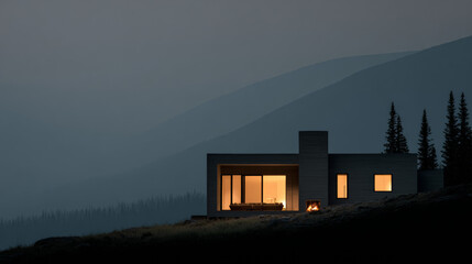 Fototapeta premium Contemporary mountain house with illuminated windows outdoor glowing fireplace and mountain views on a grassy hill at twilight.