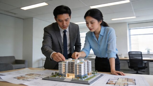 Professional architect businessman businesswoman brainstorming using miniature building model project in modern office real estate residential design planning teamwork architecture development concept