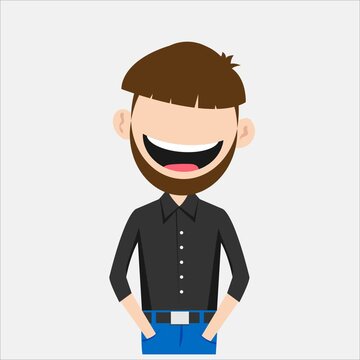 Funny animated character laughing boy with beard and hands in pockets