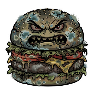 Moldy Burger with an Angry Face Spoiled Food Concept