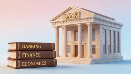 Fototapeta premium Books bank building finance education investment economy knowledge learning banking concept with colorful background, representing financial literacy, study resources and institutional economic system