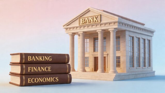 Books bank building finance education investment economy knowledge learning banking concept with colorful background, representing financial literacy, study resources and institutional economic system