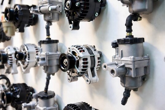 A display of automotive alternators and power steering pumps. They are arranged on a white wall in an auto parts store.