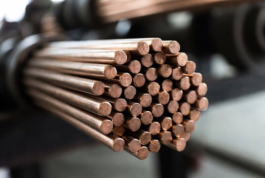 A bundle of copper rods is displayed, likely for electrical wiring or manufacturing.