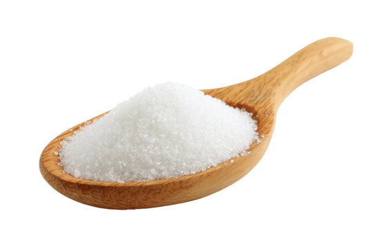 Wooden spoon filled with white granulated powder isolated on transparent background. White granulated sugar on wooden spoon isolated on white background.