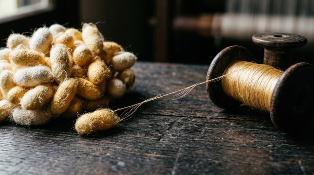 Silkworm cocoons and silk thread on a wooden surface.