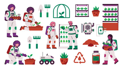 Fototapeta premium Astronauts cultivate plants in a futuristic space greenhouse using advanced technology for sustainable agriculture on Mars