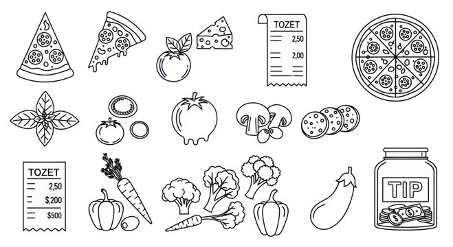 Pizza Ingredients and Food Icons - Line Art Vector Set