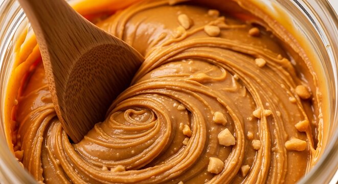 A close up view of a wooden spoon stirring creamy peanut butter inside a clear glass jar container. burro arachidi
