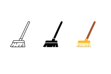 Fototapeta premium Set of three broom icons in outline, solid, and colored styles, showing cleaning tool variations with angled handles on a white background