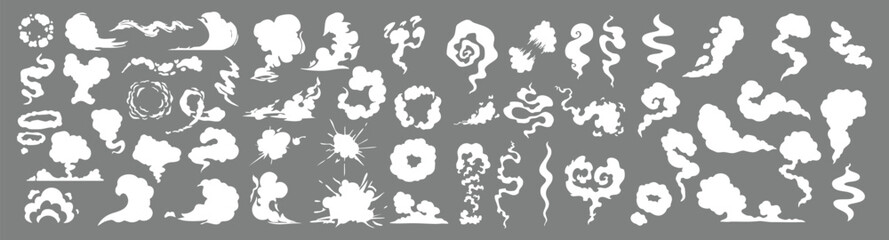 Hand drawn smoke and fog shapes collection with flowing vapor elements in minimal flat vector style on black background © Sikwy