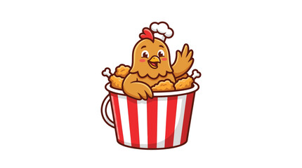 Cute Fried Chicken Mascot Waving from a Striped Bucket with Crispy Pou © Rina