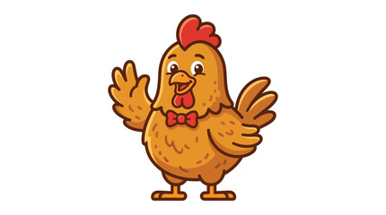 Cute Cartoon Chicken Mascot Character Wearing Red Bowtie Waving Wing I © Rina