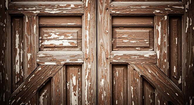 Closeup of a weathered wooden door with peeling paint and rustic texture