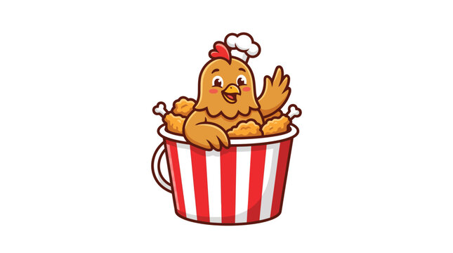 Cute Fried Chicken Mascot Waving from a Striped Bucket with Crispy Pou