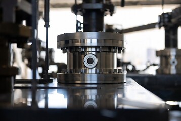 Fototapeta premium A large industrial coupling is on a workbench in a factory setting.