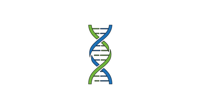 Illustration of a stylized DNA double helix in shades of blue and green on white backdrop