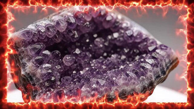 Closeup of a vibrant purple amethyst geode with fiery border.