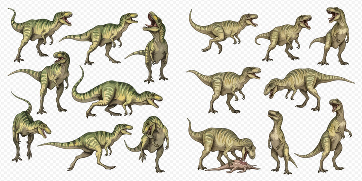 Set of various dinosaur illustrations in different poses and actions, prehistoric creatures.