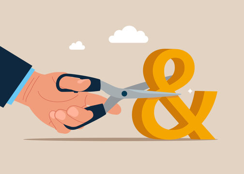 Businessman cutting scissors to symbol of ampersand. Flat vector illustration