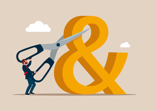 Tiny businessman cutting scissors to symbol of ampersand. Flat vector illustration