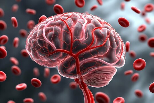 A human brain with red blood cells flowing through its arteries, suggesting circulatory health.