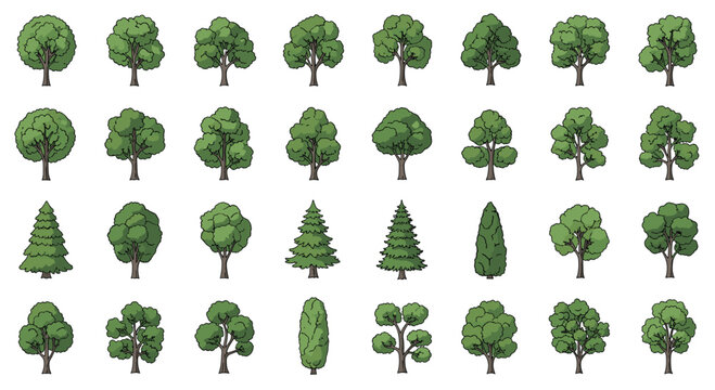 A large grid displays a diverse collection of detailed green deciduous and coniferous trees with various leaf patterns and unique structural shapes.