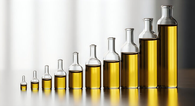 Collection of glass vials filled with yellow liquid in ascending size, representing growth or progress.