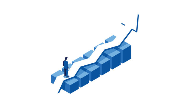 A professional businessman in a blue suit stands at the base of a rising blue bar graph with a large white arrow pointing upwards in a corporate office.
