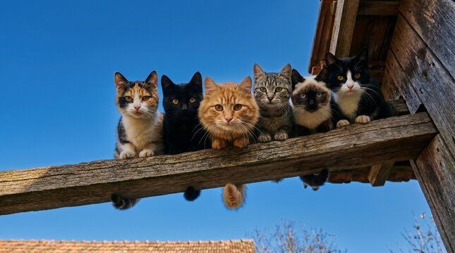 A group of six adorable cats of various breeds and colors perched together on a wooden beam under a clear blue sky.