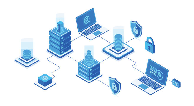 A monochromatic blue isometric diagram features servers, laptops, and database cylinders protected by shields and padlocks for advanced data security and privacy.