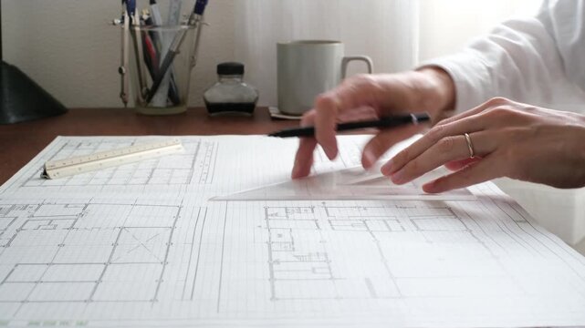 建築図面を製図する日本人建築士の手元 A Japanese architect drawing architectural drawings