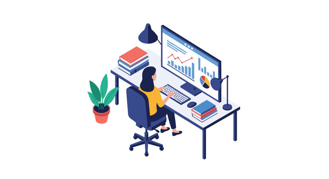 A professional woman in a bright yellow shirt works at a meticulous desk setup featuring two lamps and multiple book stacks in a clean isometric office.
