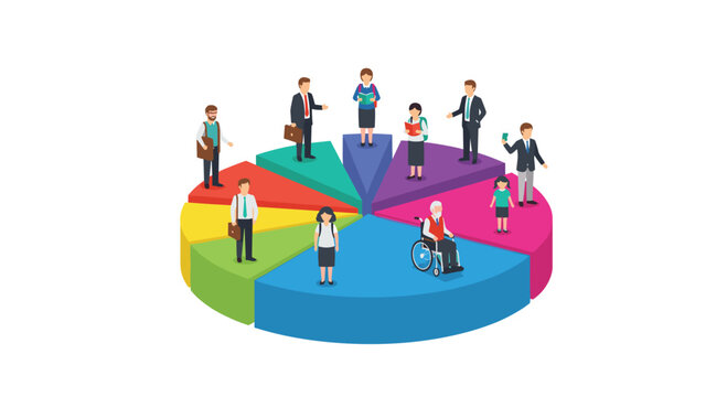 A diverse group of people including a senior in a wheelchair stand on a segmented colorful pie chart representing inclusive demographic data analysis.