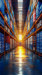Fototapeta premium Vast, brightly lit industrial warehouse aisle filled with towering shelves stacked high with colorful, shrink-wrapped boxes and packages, reflecting golden sunlight on polished floor