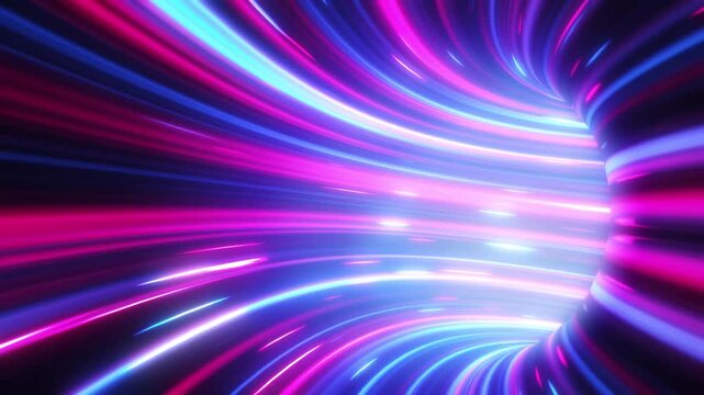 テクノロジー等のイメージ背景に使えそうな、カラフルなキラキラしたエフェクトの流線の曲がりくねったトンネルのエフェクト背景	