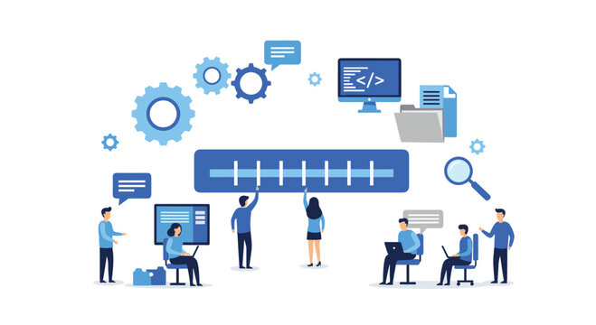 A dynamic flat illustration depicts a professional team of developers working together on a large progress bar surrounded by various technical coding icons.