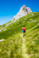 Fototapeta premium Sedlo Pass and Boljske Grede mountain massif in Durmitor National Park, Montenegro. Hiking in mountain from prevoj saddle to Sedlena greda