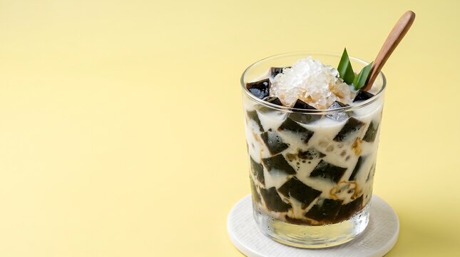 Black Grass Jelly Drink Es Cincau Pastel Yellow Background Copy Space