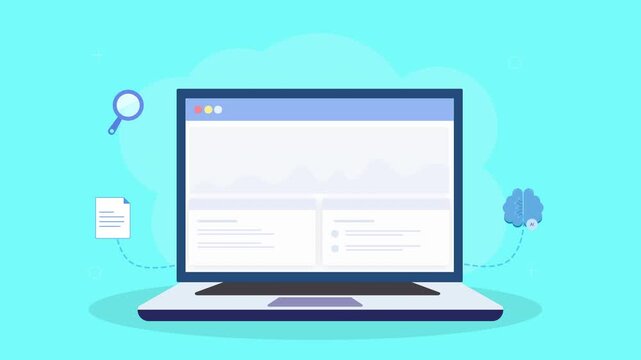 Flat vector animation of a laptop dashboard with search, document, and idea icons. Concept of data research, information analysis, and insight discovery in digital workflows.