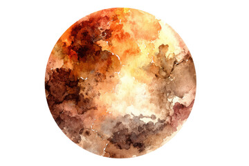 Fototapeta premium Abstract textured oval shape with warm colors isolated on transparent background. Watercolor depiction of a celestial body with vibrant earthy tones and cosmic textures isolated on white background.