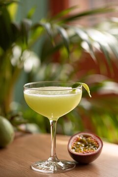 Close up of a tall citronelle yellow-green gin cocktail garnished with a lime slice, served in a glass on a wooden surface with tropical plants in the background